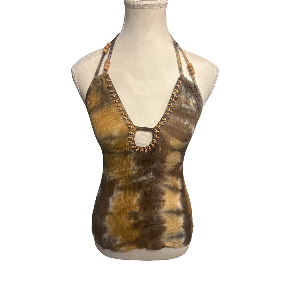 Y2K era Wooden Beaded Hand Tie‑Dye Halter Top XS